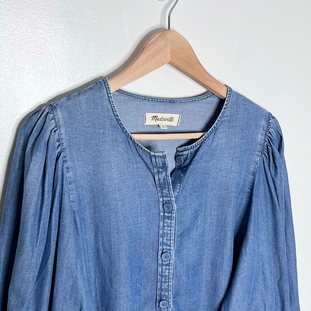 Madewell Denim Puff Sleeve Button Up Chambray Top Size 6 - Picture 5 of 9
